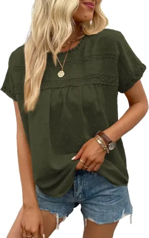 Poetsky Womens Summer Short Sleeve Lace Crochet Blouses Flowy Babydoll Dressy Casual Work Tops