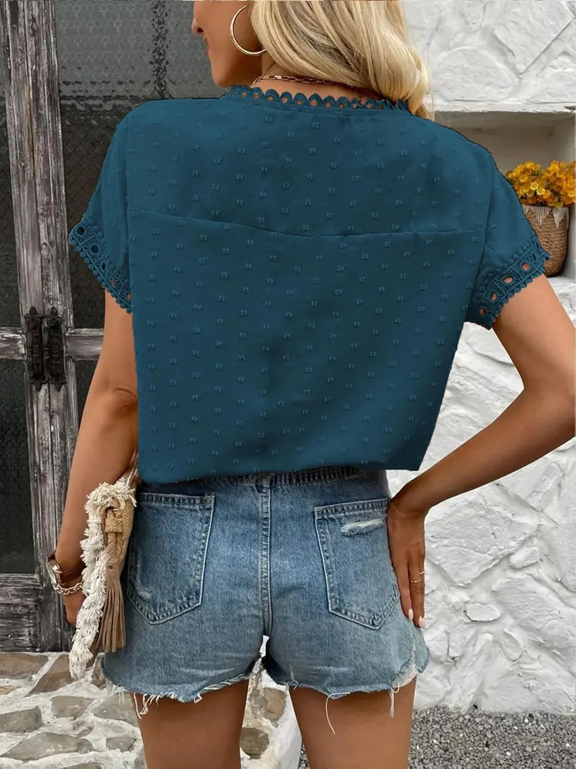 Poetsky Womens Summer Short Sleeve Lace Crochet Blouses Flowy Babydoll Dressy Casual Work Tops