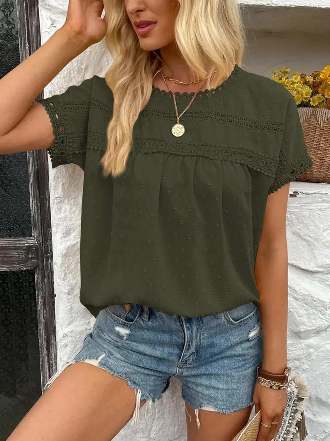 Poetsky Womens Summer Short Sleeve Lace Crochet Blouses Flowy Babydoll Dressy Casual Work Tops