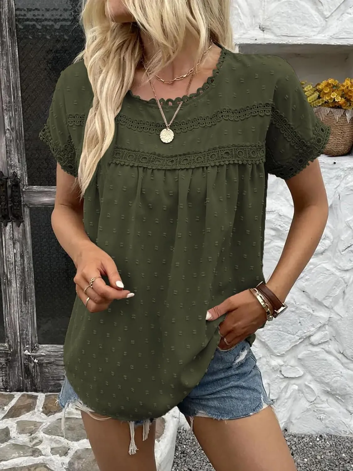Poetsky Womens Summer Short Sleeve Lace Crochet Blouses Flowy Babydoll Dressy Casual Work Tops