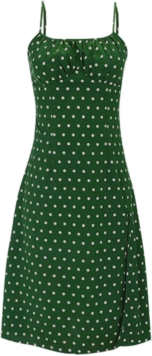 Polka Dot Dress for Women Spaghetti Strap Summer Midi Dresses Sexy Slim Fit Side Slit A Line Beach Vacation Sundress