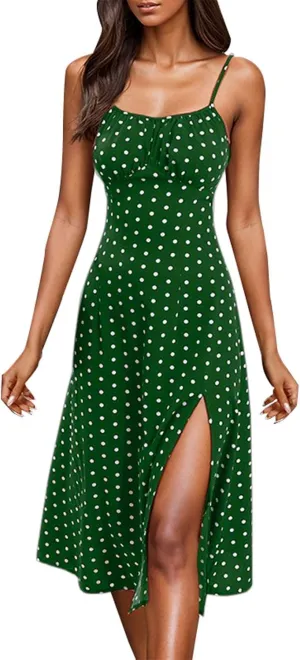 Polka Dot Dress for Women Spaghetti Strap Summer Midi Dresses Sexy Slim Fit Side Slit A Line Beach Vacation Sundress