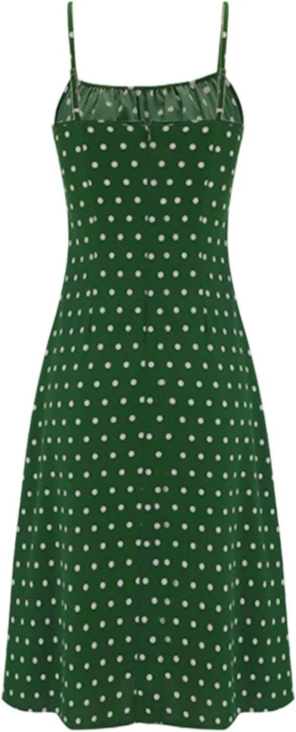 Polka Dot Dress for Women Spaghetti Strap Summer Midi Dresses Sexy Slim Fit Side Slit A Line Beach Vacation Sundress