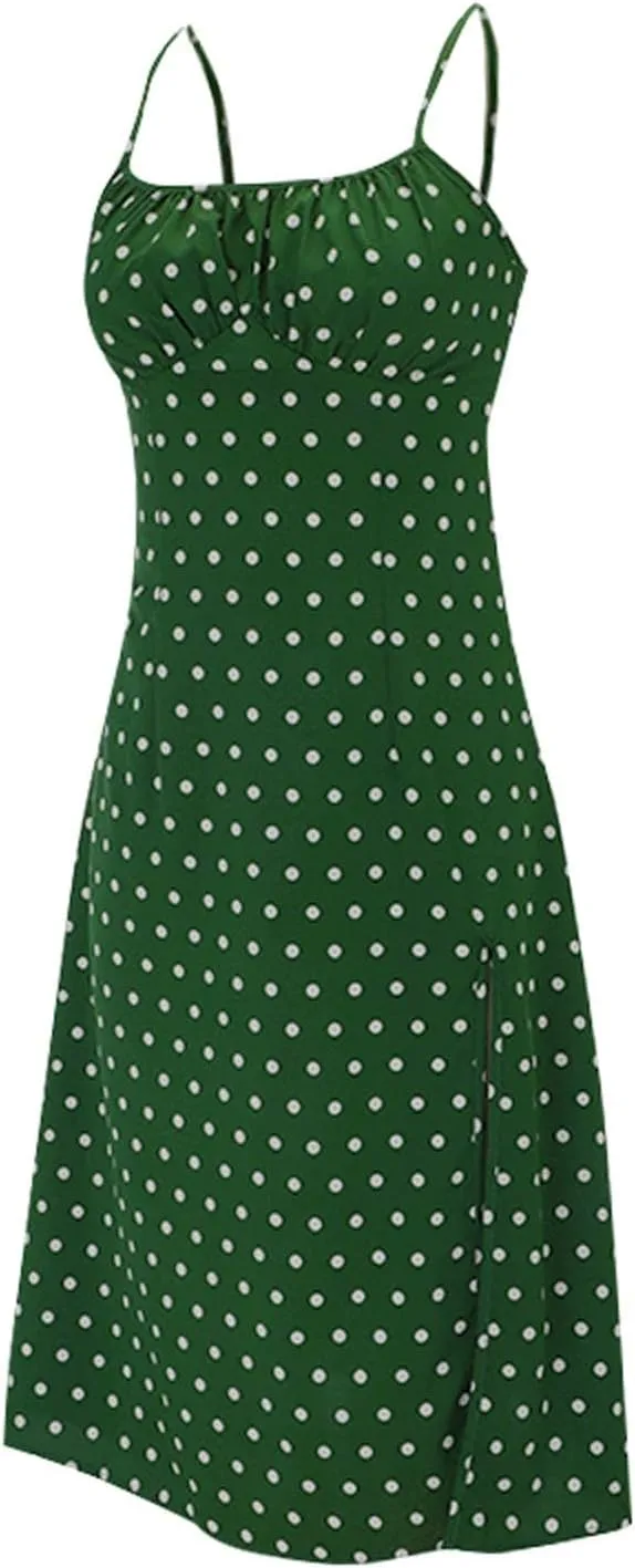 Polka Dot Dress for Women Spaghetti Strap Summer Midi Dresses Sexy Slim Fit Side Slit A Line Beach Vacation Sundress