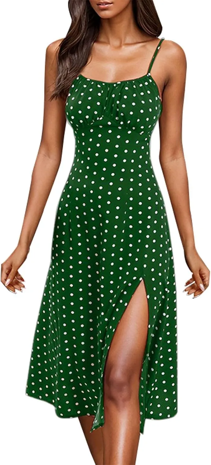 Polka Dot Dress for Women Spaghetti Strap Summer Midi Dresses Sexy Slim Fit Side Slit A Line Beach Vacation Sundress