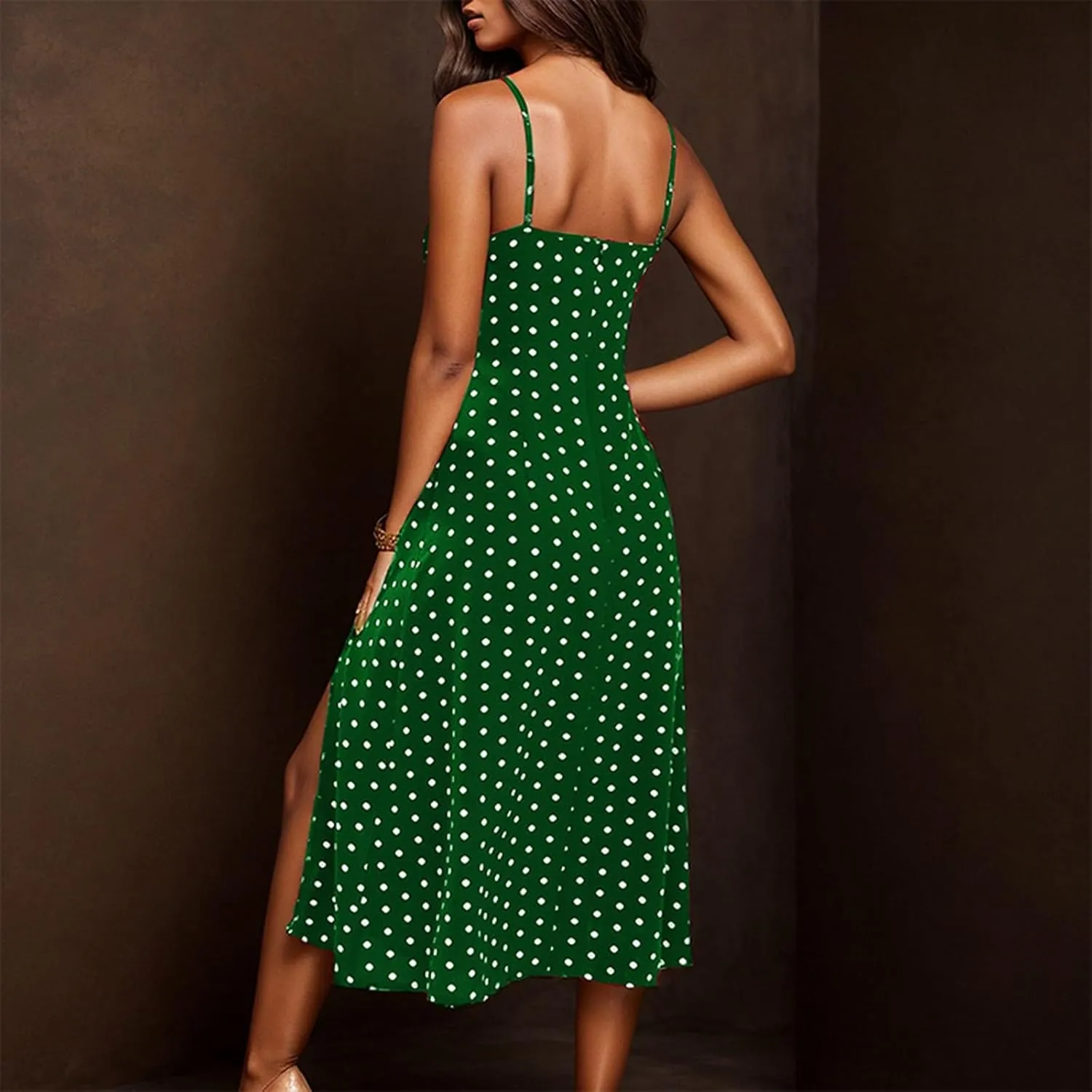 Polka Dot Dress for Women Spaghetti Strap Summer Midi Dresses Sexy Slim Fit Side Slit A Line Beach Vacation Sundress