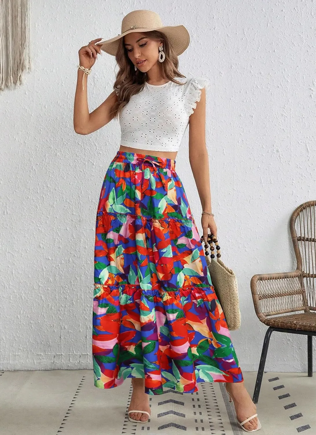 POPZONE Women Maxi Skirts Flowy High Waist Long Skirts Casual Tiered Summer Skirts for Women