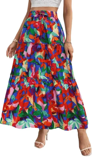 POPZONE Women Maxi Skirts Flowy High Waist Long Skirts Casual Tiered Summer Skirts for Women