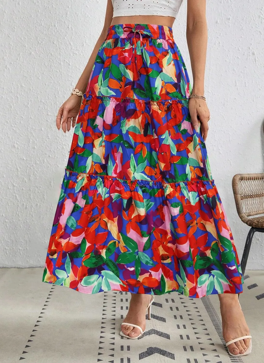 POPZONE Women Maxi Skirts Flowy High Waist Long Skirts Casual Tiered Summer Skirts for Women