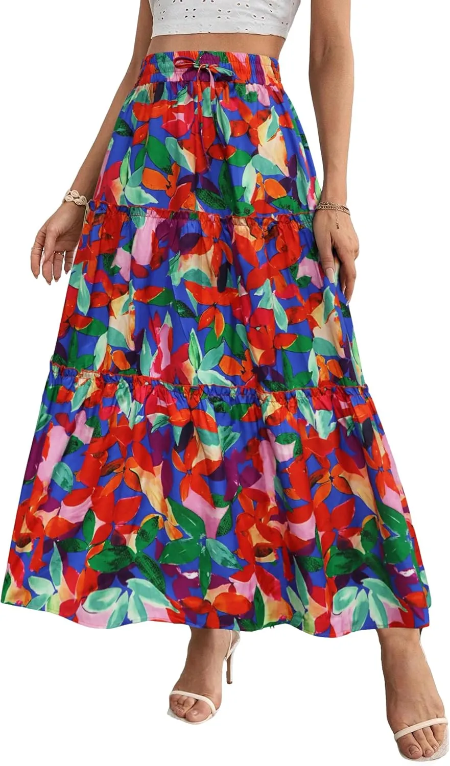 POPZONE Women Maxi Skirts Flowy High Waist Long Skirts Casual Tiered Summer Skirts for Women
