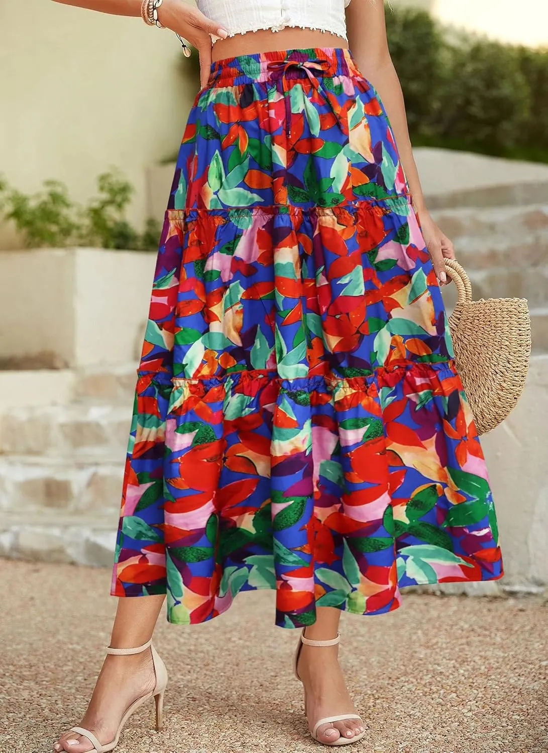 POPZONE Women Maxi Skirts Flowy High Waist Long Skirts Casual Tiered Summer Skirts for Women
