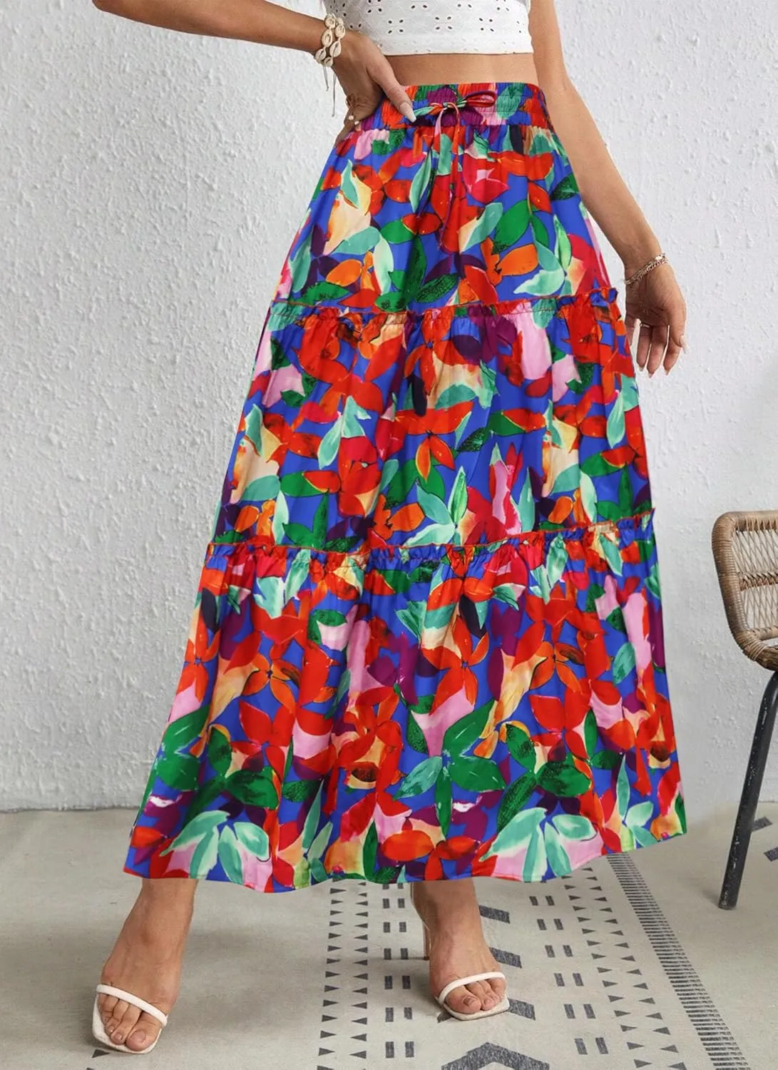 POPZONE Women Maxi Skirts Flowy High Waist Long Skirts Casual Tiered Summer Skirts for Women