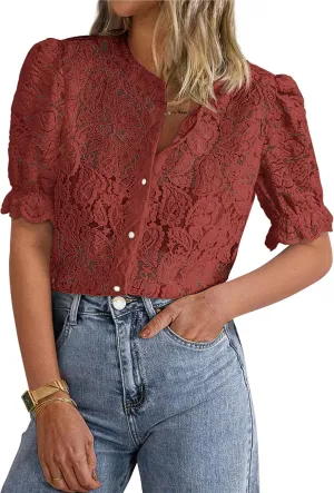 PRETTYGARDEN Womens 2025 Spring Lace Tops Short Puff Sleeve Casual Dressy Blouses Eyelet Crew Neck Button Down Shirts