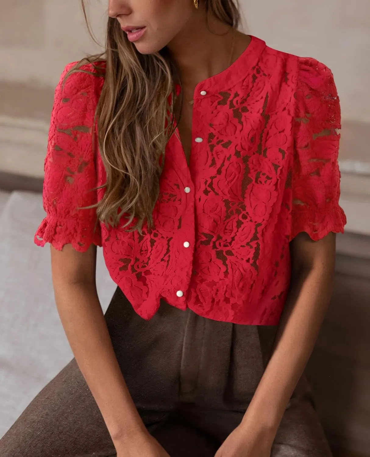 PRETTYGARDEN Womens 2025 Spring Lace Tops Short Puff Sleeve Casual Dressy Blouses Eyelet Crew Neck Button Down Shirts