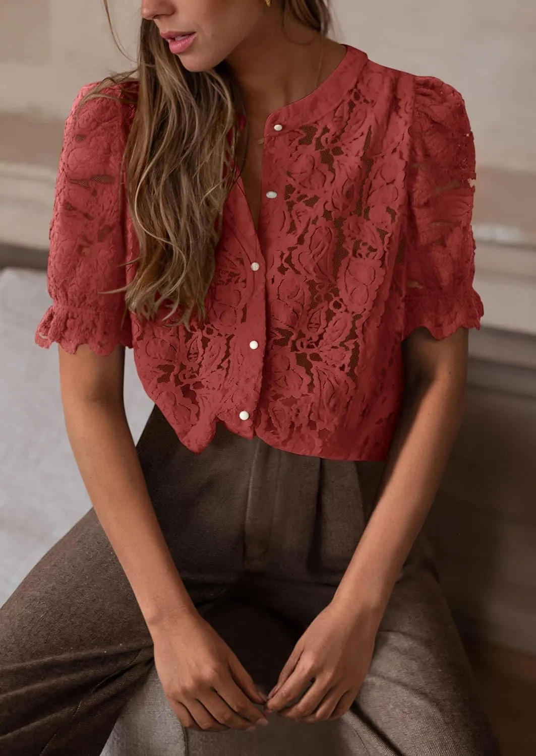 PRETTYGARDEN Womens 2025 Spring Lace Tops Short Puff Sleeve Casual Dressy Blouses Eyelet Crew Neck Button Down Shirts