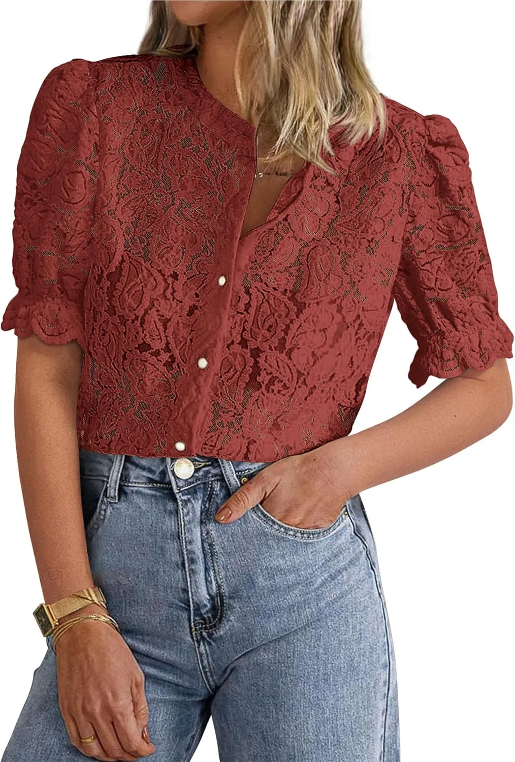 PRETTYGARDEN Womens 2025 Spring Lace Tops Short Puff Sleeve Casual Dressy Blouses Eyelet Crew Neck Button Down Shirts