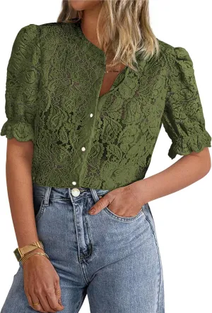 PRETTYGARDEN Womens 2025 Spring Lace Tops Short Puff Sleeve Casual Dressy Blouses Eyelet Crew Neck Button Down Shirts