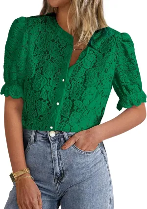 PRETTYGARDEN Womens 2025 Spring Lace Tops Short Puff Sleeve Casual Dressy Blouses Eyelet Crew Neck Button Down Shirts