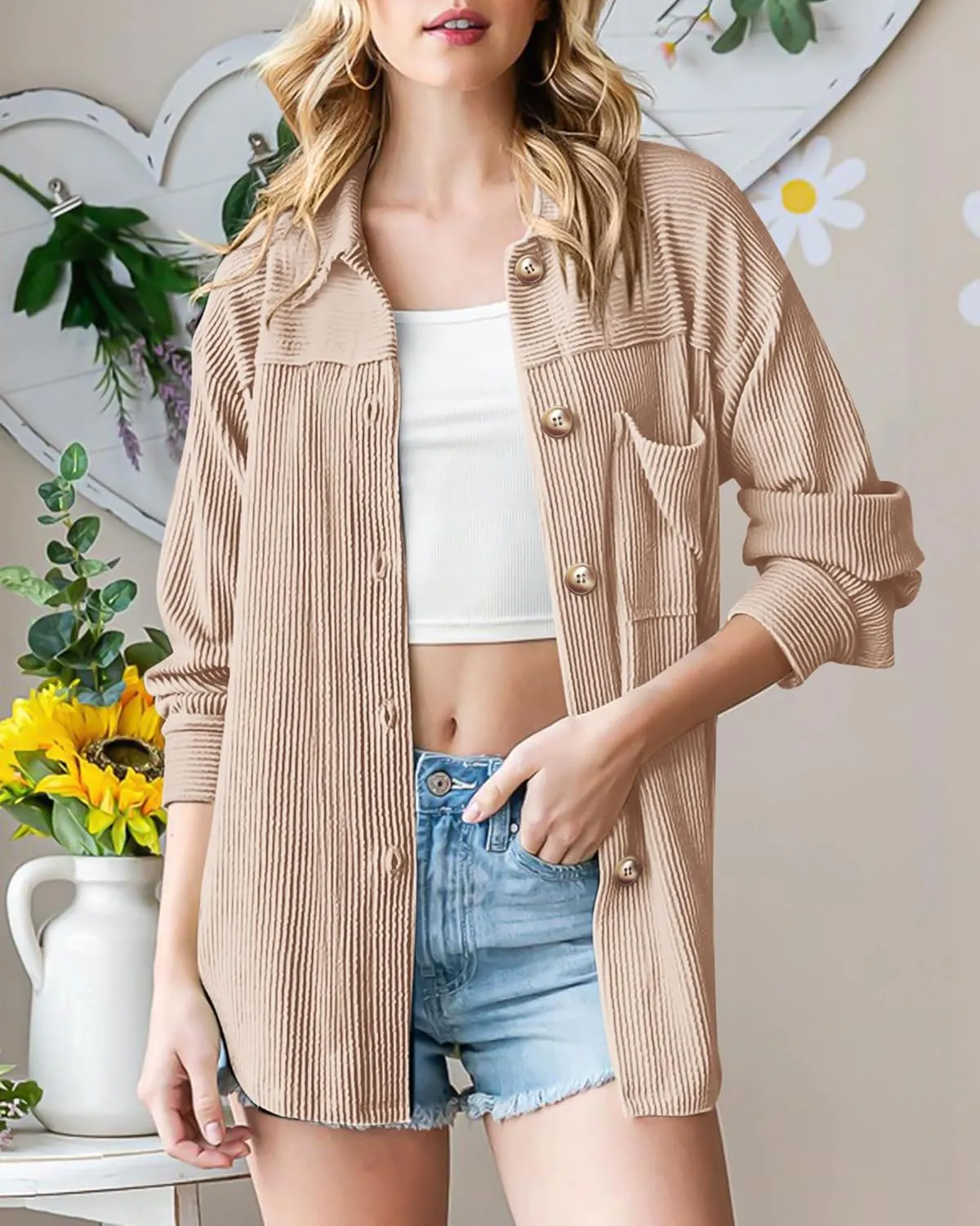 PRETTYGARDEN Women's Tops Casual Button Down Shirts Spring Fashion Long Sleeve Shacket Jacket Loose Texture Knit Blouses
