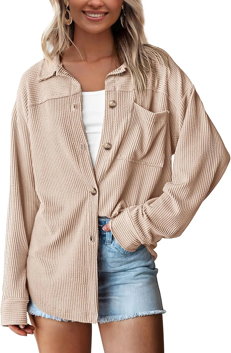 PRETTYGARDEN Women's Tops Casual Button Down Shirts Spring Fashion Long Sleeve Shacket Jacket Loose Texture Knit Blouses