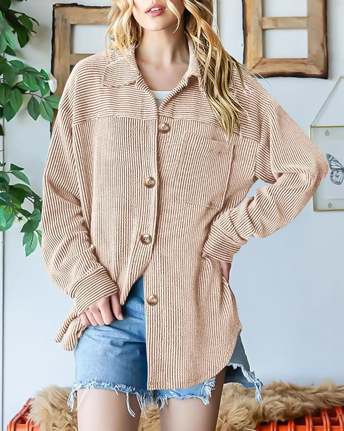 PRETTYGARDEN Women's Tops Casual Button Down Shirts Spring Fashion Long Sleeve Shacket Jacket Loose Texture Knit Blouses