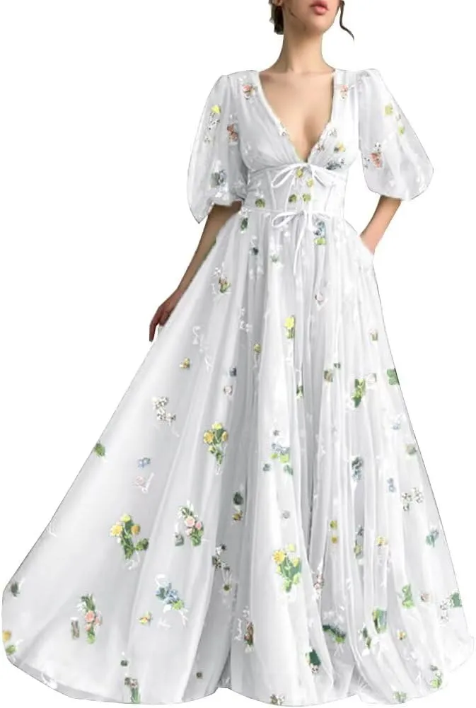 Prom Dresses for Women 2024 Puffy Sleeve Flower Embroidery Tulle Formal Gowns Homecoming Dresses