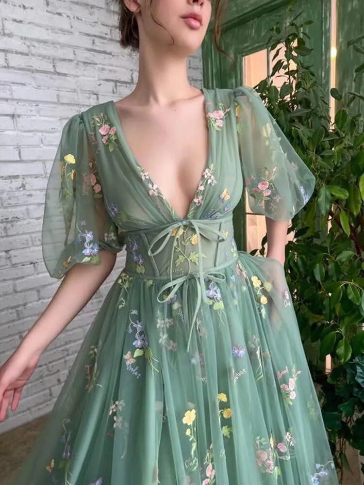 Prom Dresses for Women 2024 Puffy Sleeve Flower Embroidery Tulle Formal Gowns Homecoming Dresses