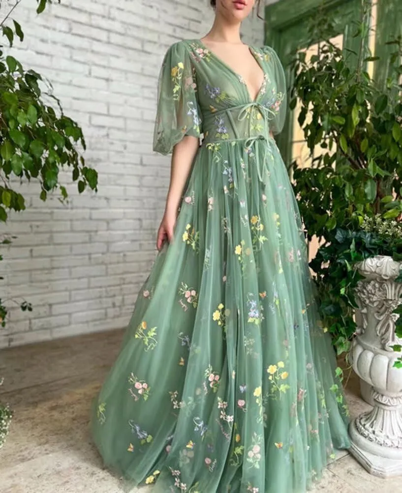 Prom Dresses for Women 2024 Puffy Sleeve Flower Embroidery Tulle Formal Gowns Homecoming Dresses