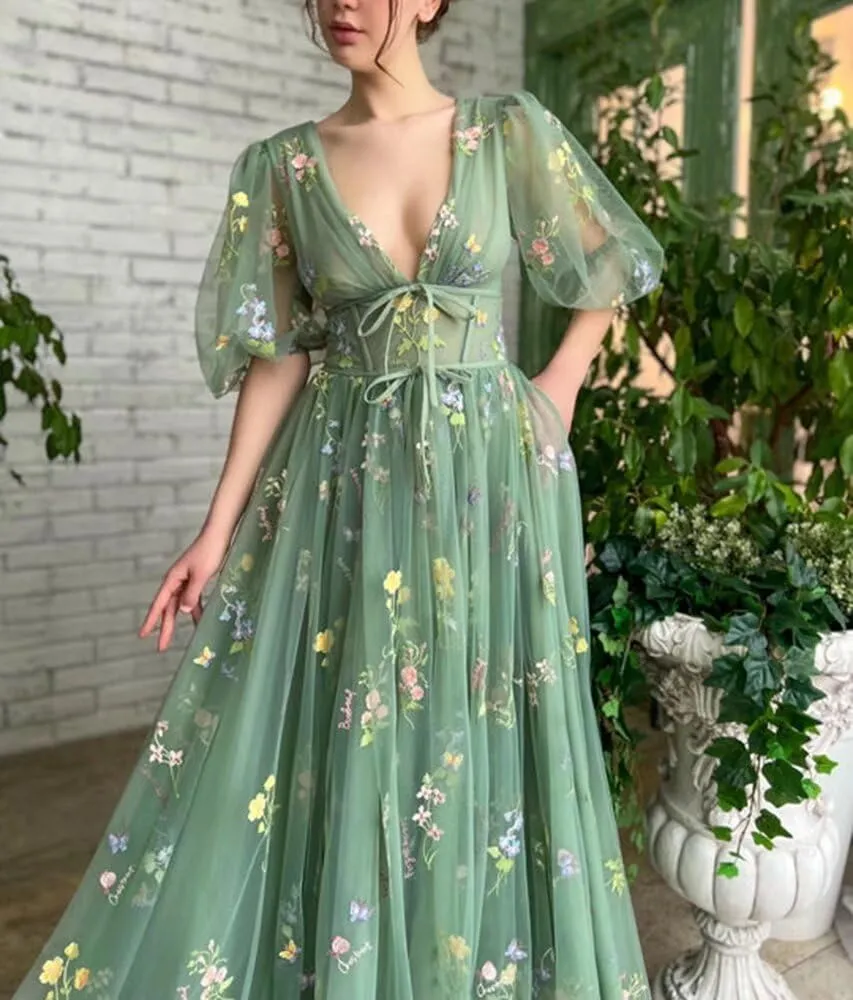 Prom Dresses for Women 2024 Puffy Sleeve Flower Embroidery Tulle Formal Gowns Homecoming Dresses