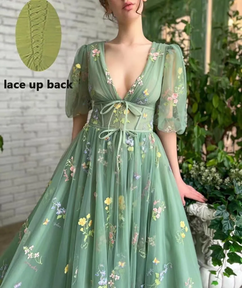 Prom Dresses for Women 2024 Puffy Sleeve Flower Embroidery Tulle Formal Gowns Homecoming Dresses