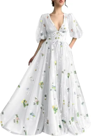 Prom Dresses for Women 2024 Puffy Sleeve Flower Embroidery Tulle Formal Gowns Homecoming Dresses