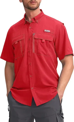 Pudolla Men's Fishing Shirts with Short Sleeves, Summer Travel Work Shirts, Button Down with UPF50  and Zipper Pockets