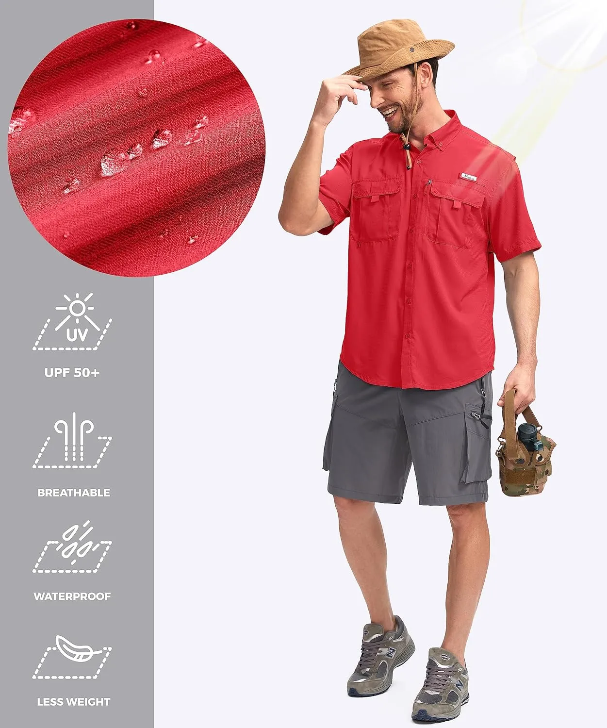 Pudolla Men's Fishing Shirts with Short Sleeves, Summer Travel Work Shirts, Button Down with UPF50  and Zipper Pockets