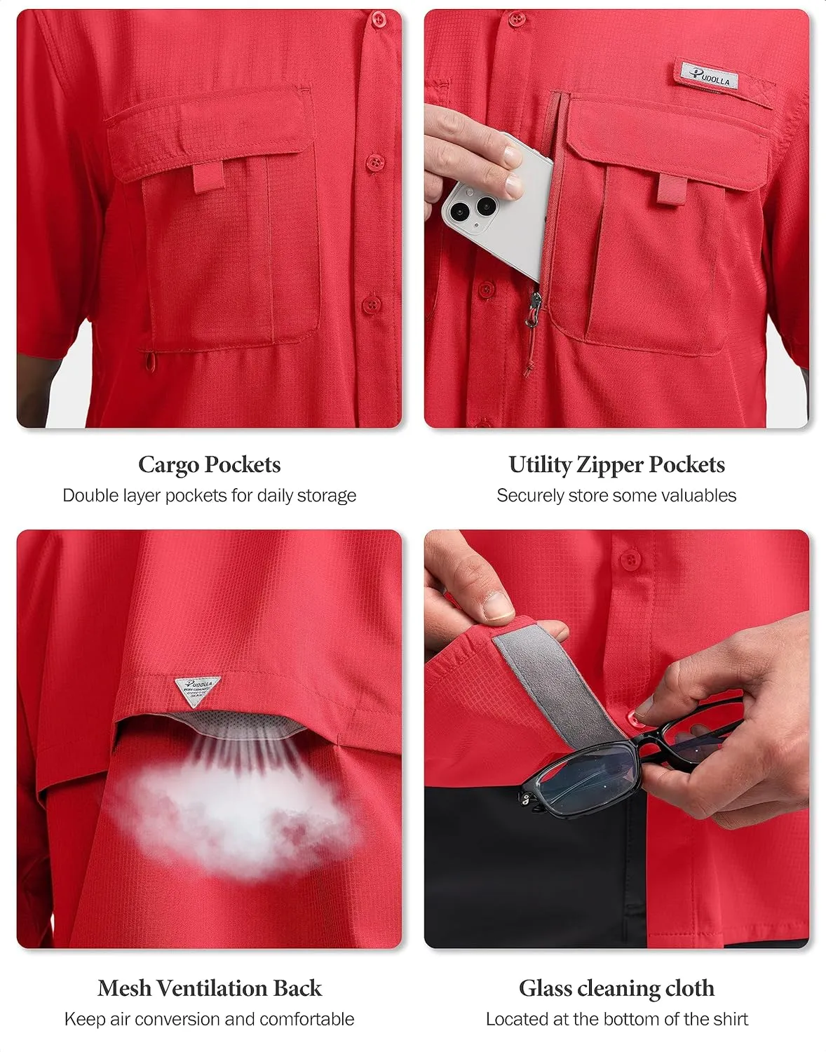 Pudolla Men's Fishing Shirts with Short Sleeves, Summer Travel Work Shirts, Button Down with UPF50  and Zipper Pockets