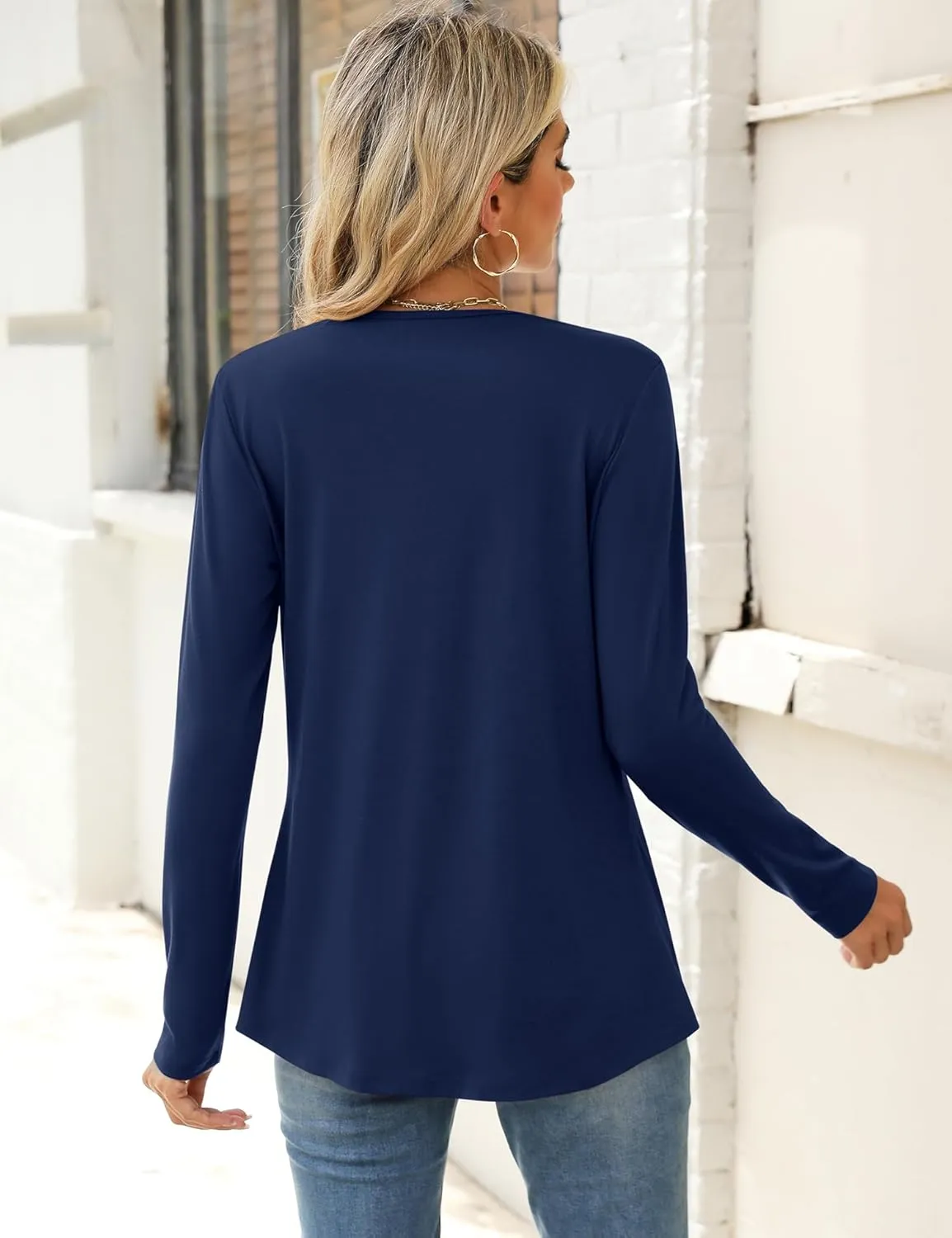 Qirno Womens Tops Fall 2024 Long Sleeve Blouses Dressy Casual V Neck Pleated Work Shirts
