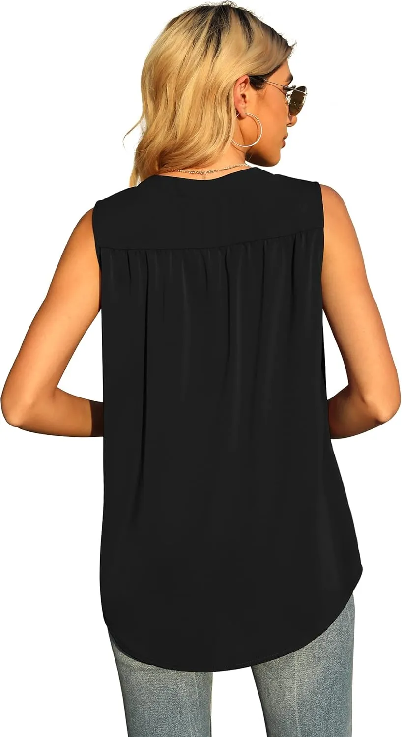QUEZHU Women's Summer Sleeveless Chiffon Tank Tops Blouse Loose Casual V Neck Blouses Shirt