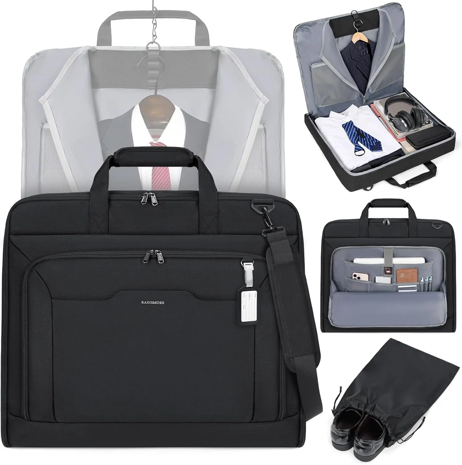 RAINSMORE Garment Bags for Travel Carry On Garment Bag for Hanging Clothes, Suit Bag for Business Trips with Shoes bag & Shoulder Strap, Waterproof Foldable Suit Luggage Bag for Men Women, Black