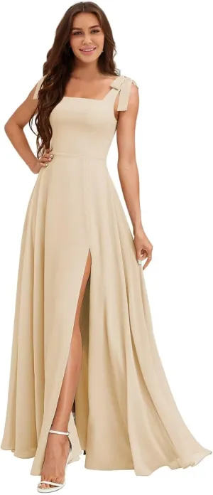 Raseal Chiffon Sleeveless Spaghetti Straps with Bowknot Bridesmaid Dress Square Neck Long A Line Prom Dress for Women RS166