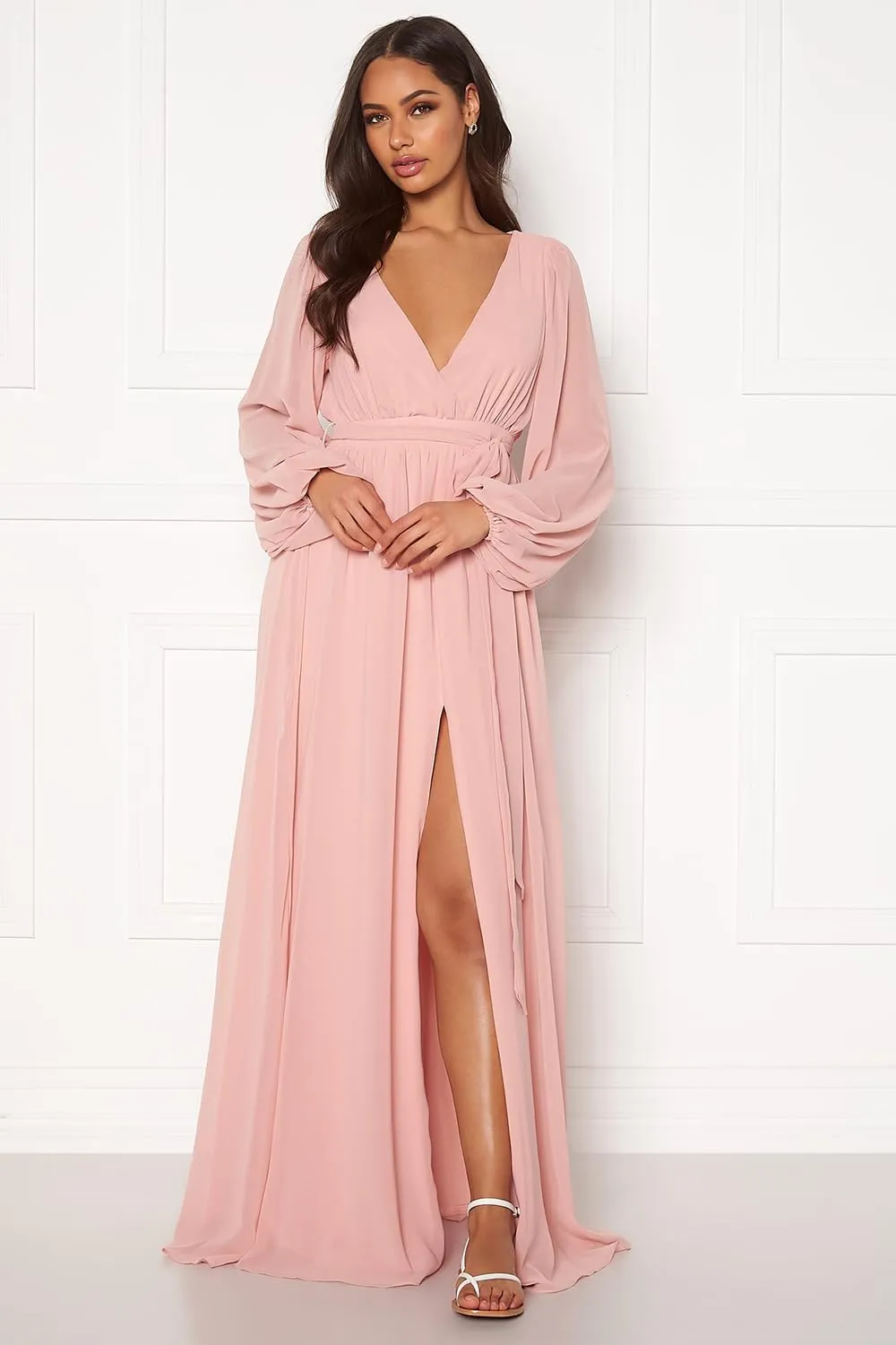 Raseal Long Sleeve Bridesmaid Dress with Split V Neck Chiffon Prom Dress Long for Women RS011