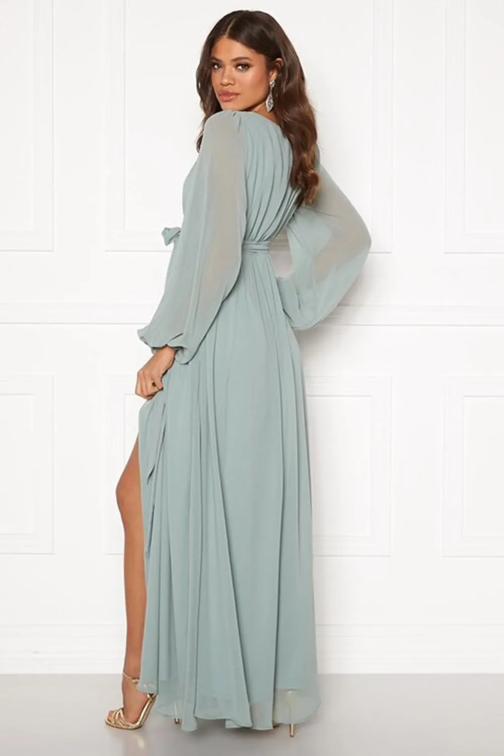 Raseal Long Sleeve Bridesmaid Dress with Split V Neck Chiffon Prom Dress Long for Women RS011