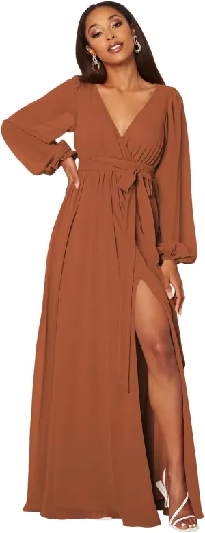 Raseal Long Sleeve Bridesmaid Dress with Split V Neck Chiffon Prom Dress Long for Women RS011