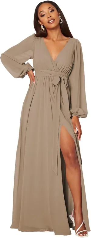 Raseal Long Sleeve Bridesmaid Dress with Split V Neck Chiffon Prom Dress Long for Women RS011