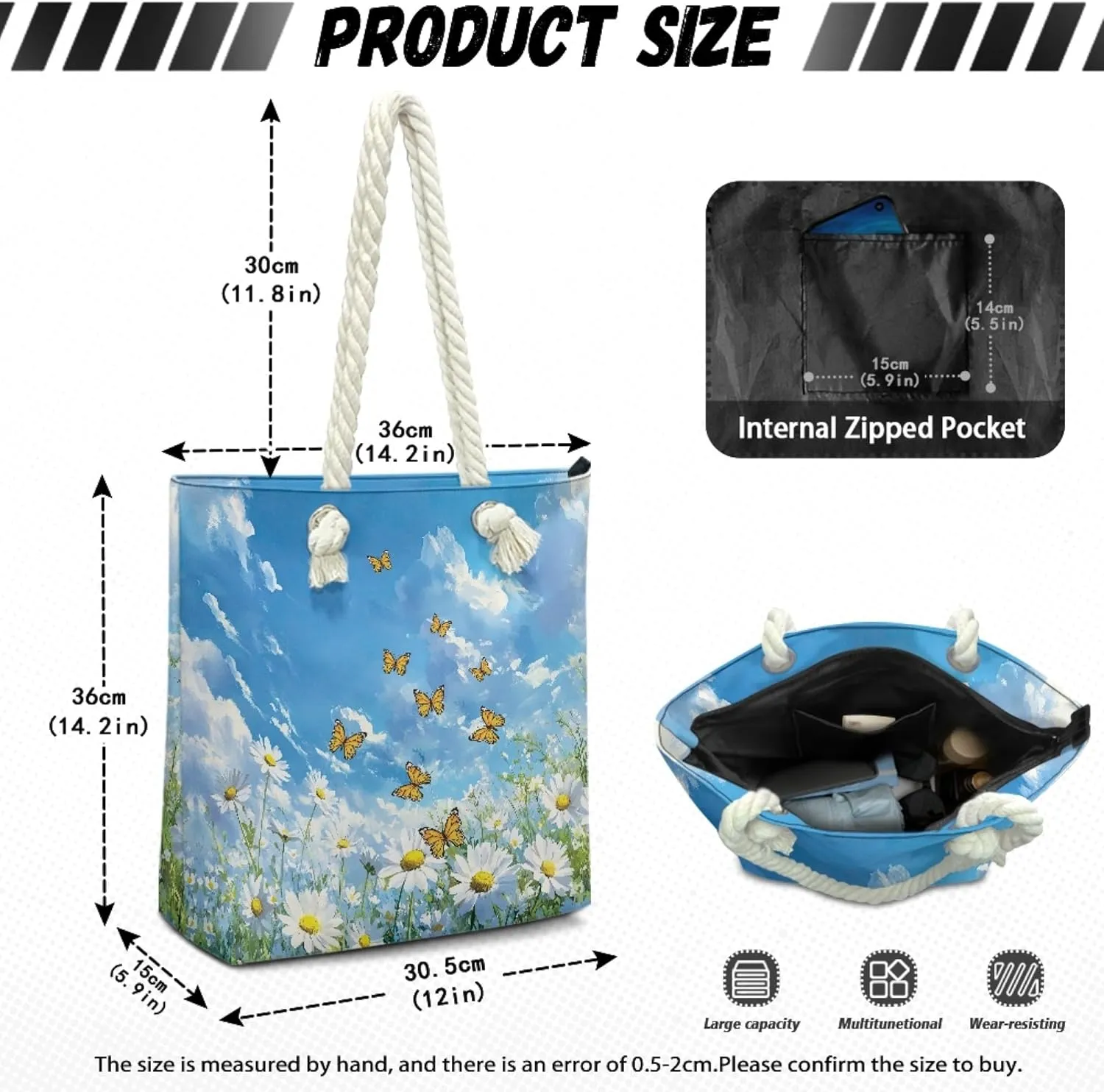 Reusable Grocery Bags Beach Bag for Women Tote Bags with Zipper