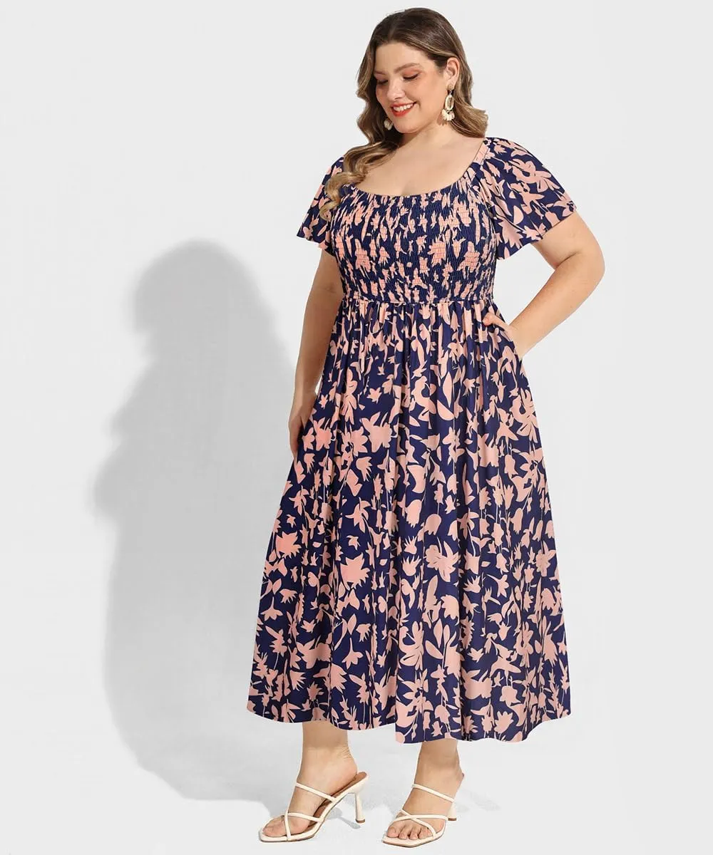 RITERA Plus Size Dresses for Curvy Women Square Neck Short Sleeve Summer Floral Smocked Maxi Dress with Pocket XL-5XL