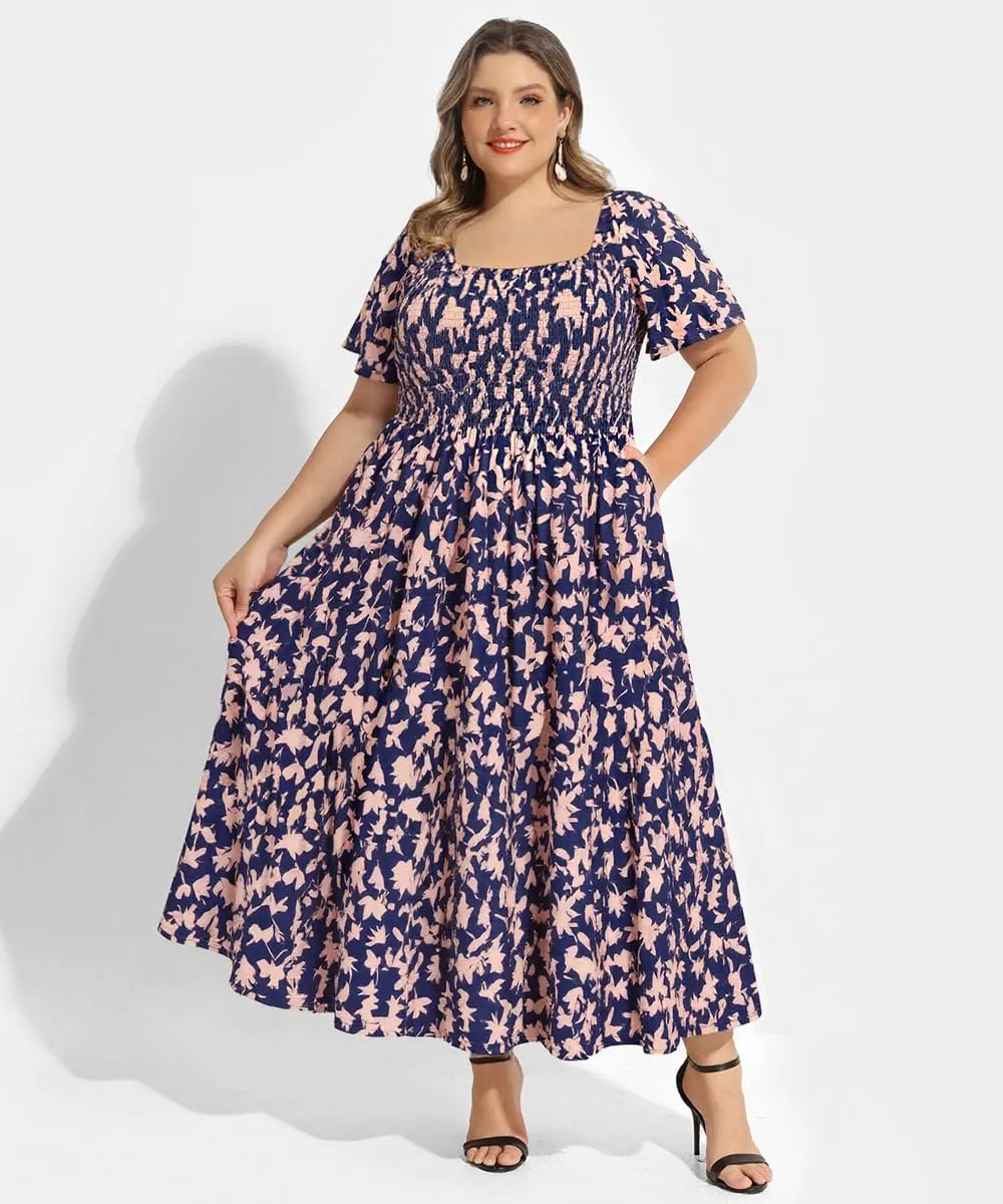 RITERA Plus Size Dresses for Curvy Women Square Neck Short Sleeve Summer Floral Smocked Maxi Dress with Pocket XL-5XL