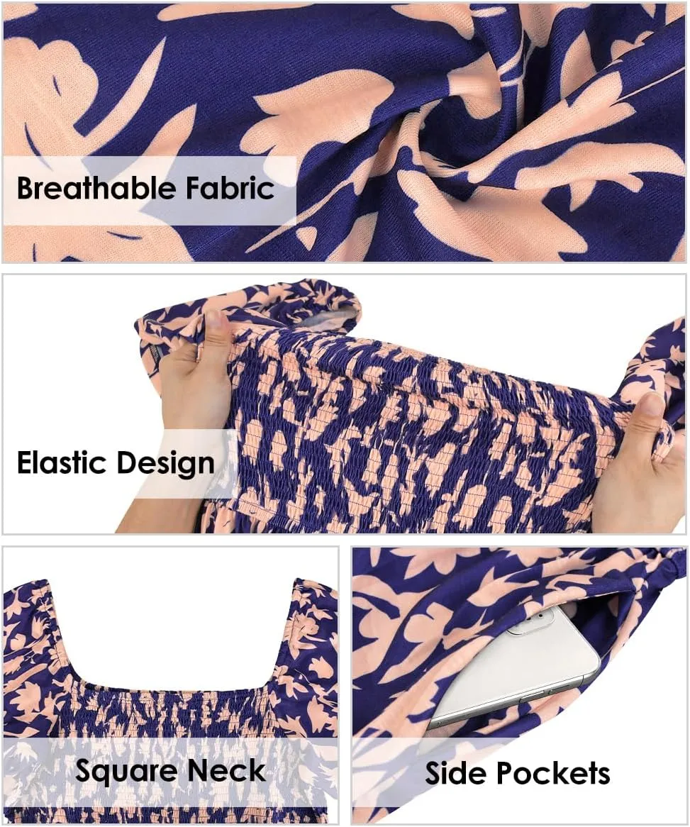 RITERA Plus Size Dresses for Curvy Women Square Neck Short Sleeve Summer Floral Smocked Maxi Dress with Pocket XL-5XL