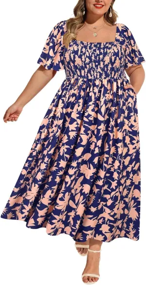 RITERA Plus Size Dresses for Curvy Women Square Neck Short Sleeve Summer Floral Smocked Maxi Dress with Pocket XL-5XL