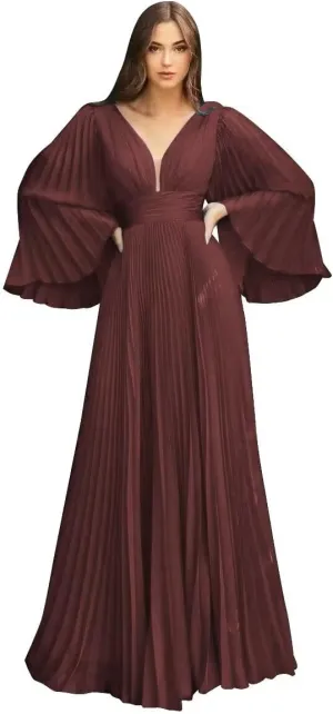 Rjer Long Sleeve Chiffon Bridesmaid Dresses for Women V Neck Pleated Maxi Dress A-line Formal Evening Party Gown
