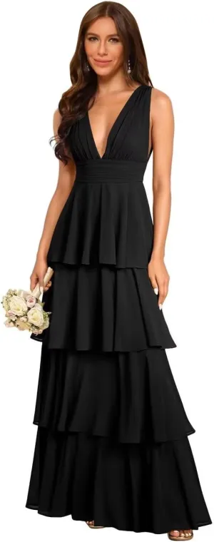 Rjer Tiered Bridesmaid Dresses 2025 Long Women Chiffon Formal Evening Dresses with Ruffles