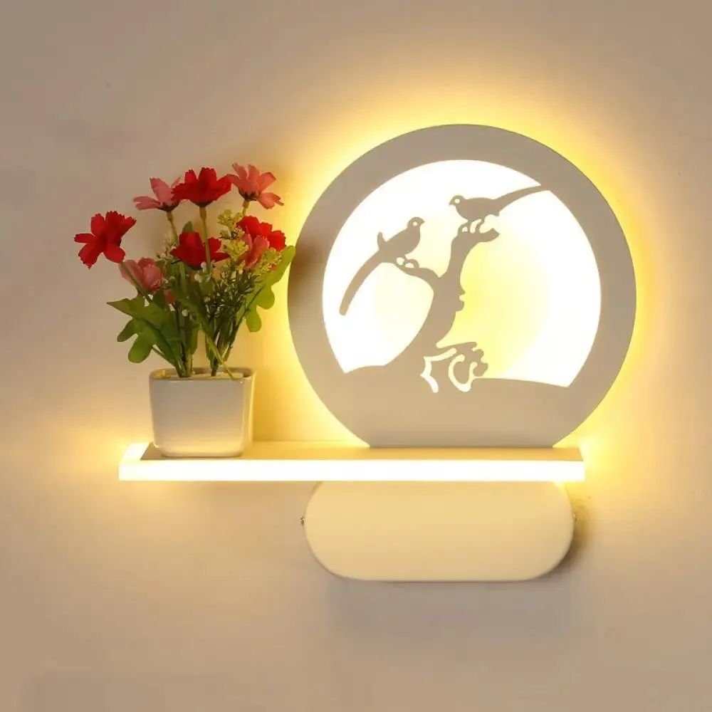 Romantic White Study Room Wall Lamp with Shelf and Acrylic Finish